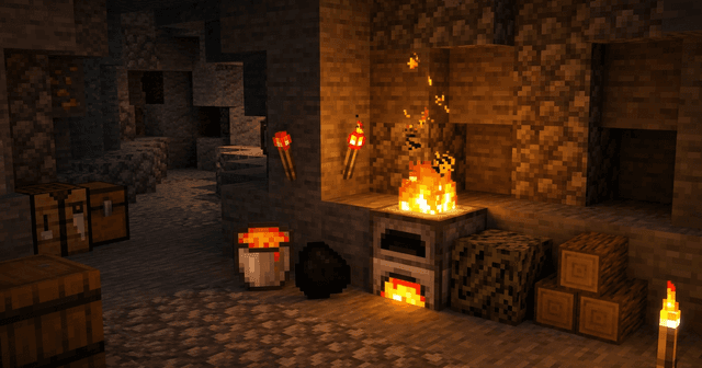A lit Minecraft furnace surrounded by fuel items — a lava bucket, a block of coal, a dried kelp block, and logs — showing the best fuel in Minecraft