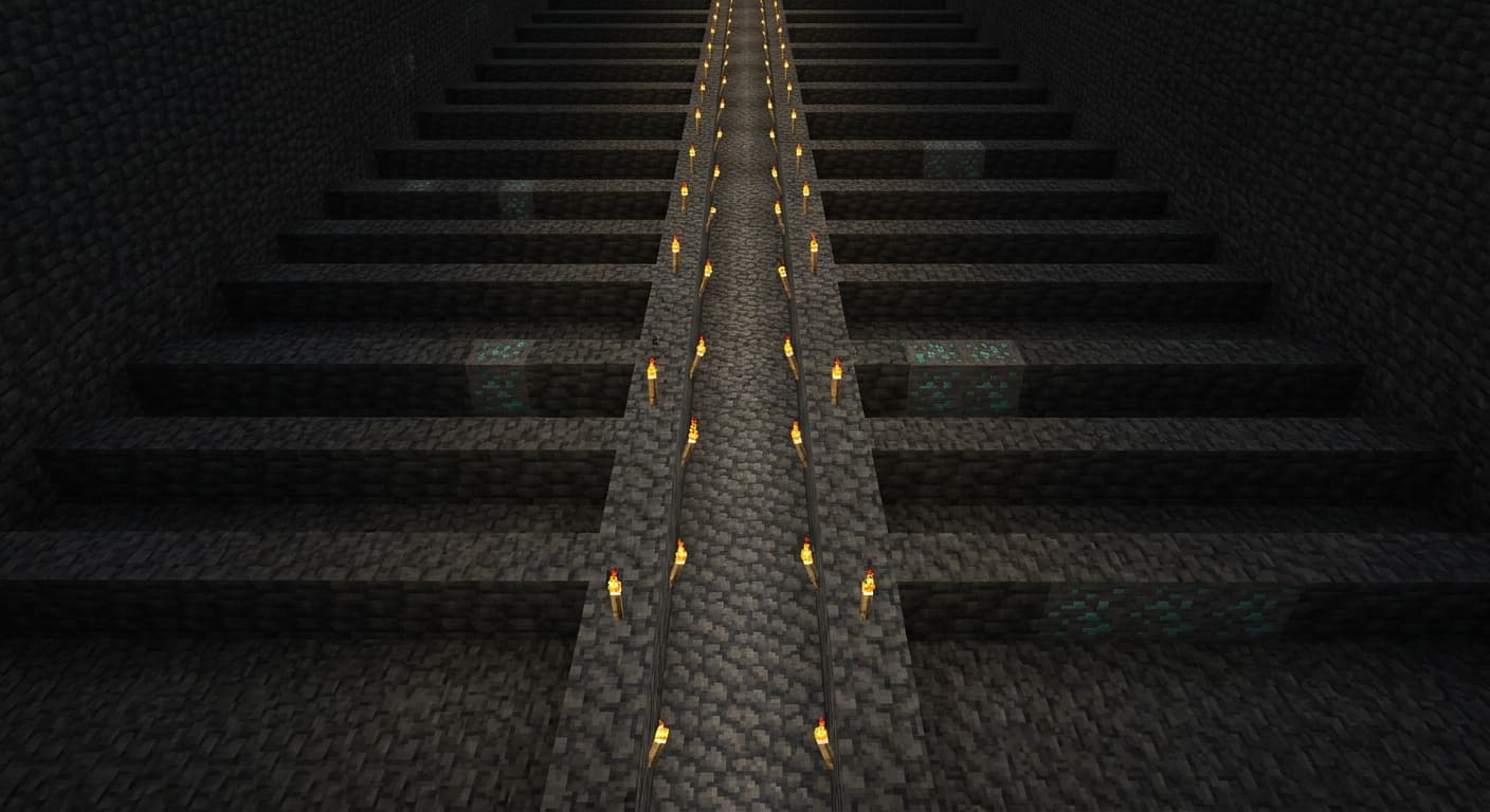 A Minecraft branch-mining tunnel layout at deepslate level with torches and exposed diamond ore