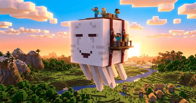 A large friendly white ghast with a harness flying above a Minecraft landscape carrying players on its back