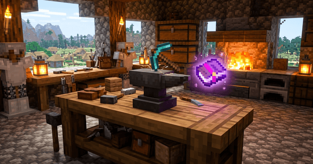 A Minecraft anvil beside a worn diamond pickaxe being repaired, with a glowing enchanted book nearby
