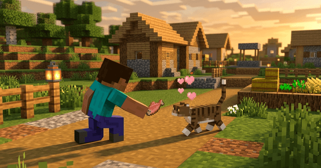 A Minecraft player leaning forward on a village path at sunset, holding out a raw salmon while a tabby cat walks toward it with pink heart particles above