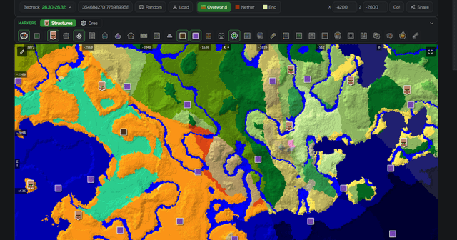 The Minecraft Search seed map showing a Bedrock world: colour-coded biomes with terrain shading, village and ruined-portal markers, and the seed, edition and dimension toolbar above the map