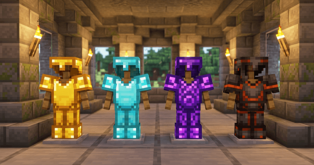 Four sets of Minecraft armor on stands in a stone hall, each carrying decorative armor trim detailing in gold, diamond blue, purple and dark red
