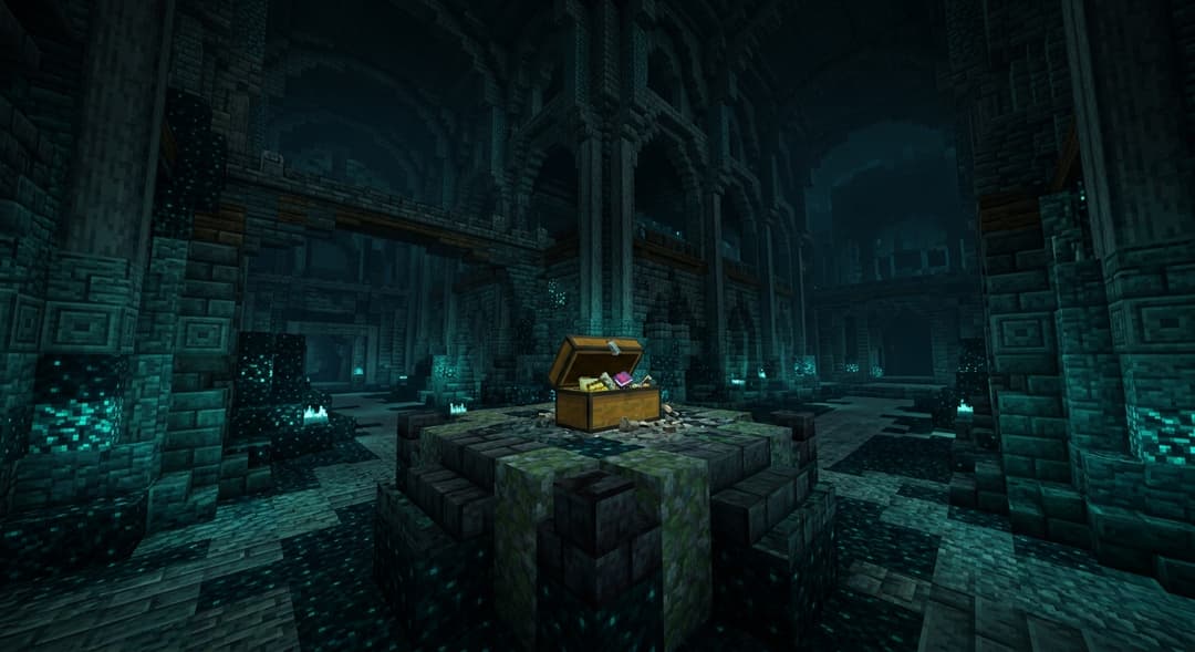 An open chest on a raised platform inside a Minecraft ancient city, lit by glowing cyan sculk in the deep dark, where the Silence armor trim is found