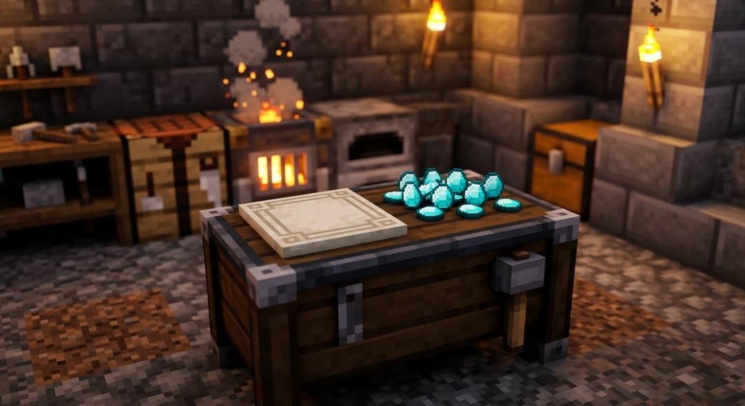 A Minecraft smithing table in a stone workshop holding a blank armor trim smithing template and a loose pile of diamonds, the materials needed to duplicate a template