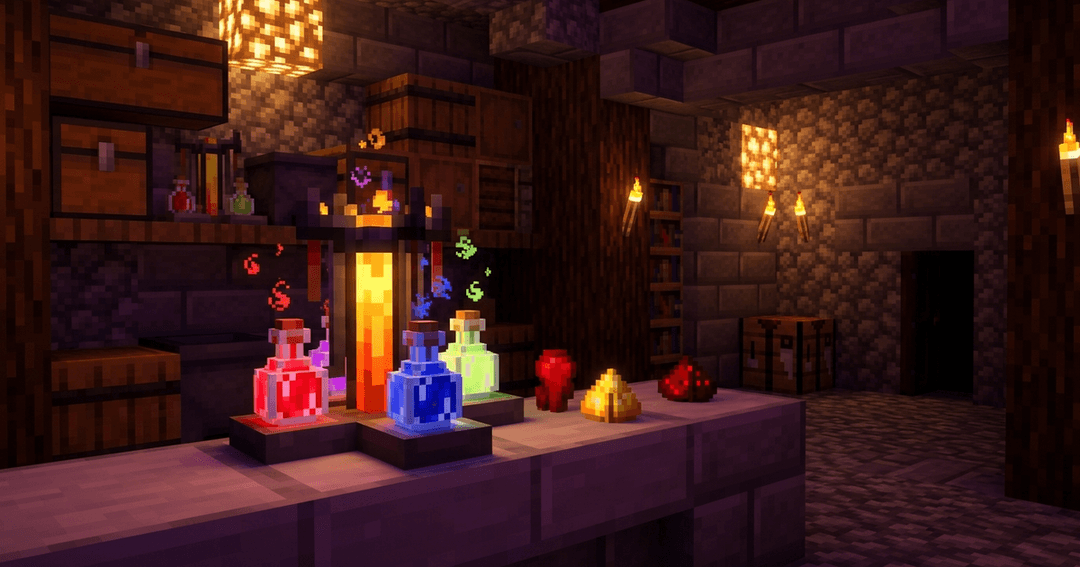 A Minecraft brewing stand with three glass bottles and glowing potions, illustrating Minecraft potion recipes