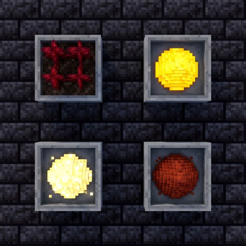 Brewing ingredients laid out around a brewing stand: nether wart, blaze powder, glowstone dust and redstone dust