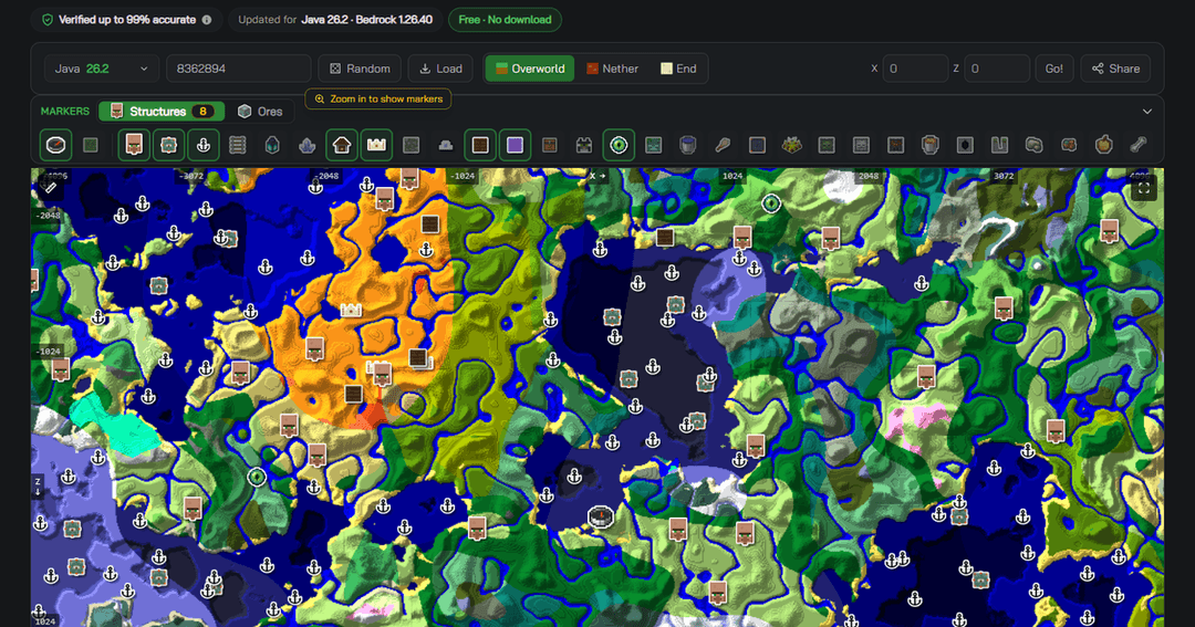 The MinecraftSearch seed map showing seed 8362894 on Java Edition, with the verified-accuracy badge above the toolbar and structure markers across the overworld biome map