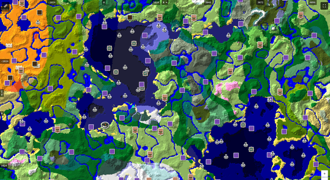 Java Edition view of Minecraft seed 8362894: an overworld region with village, shipwreck, ruined portal and ocean monument markers on the biome map