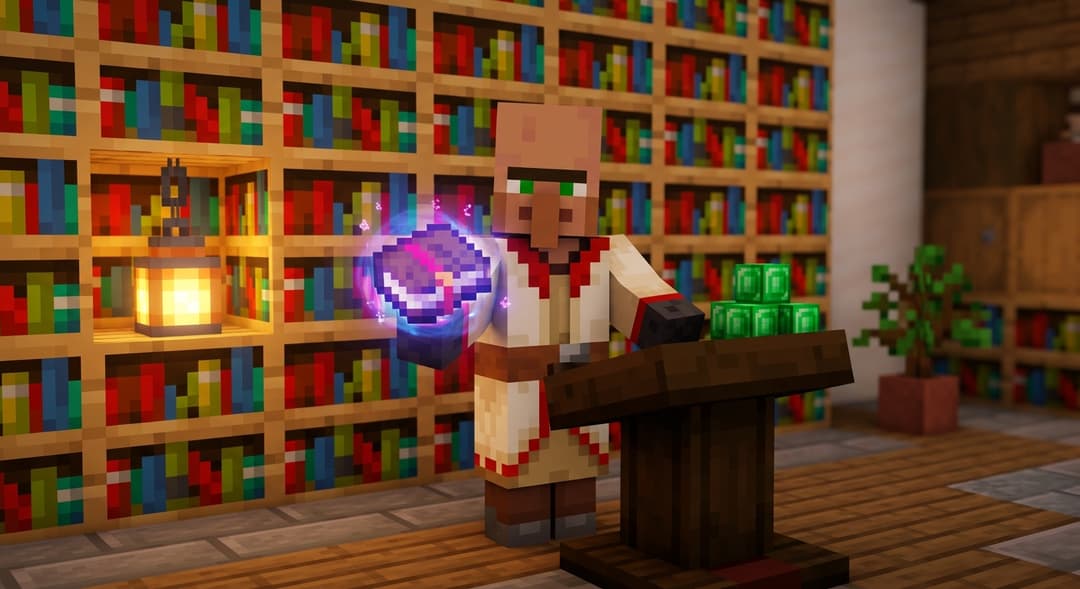 A Minecraft librarian villager at a lectern offering an enchanted Mending book for emeralds