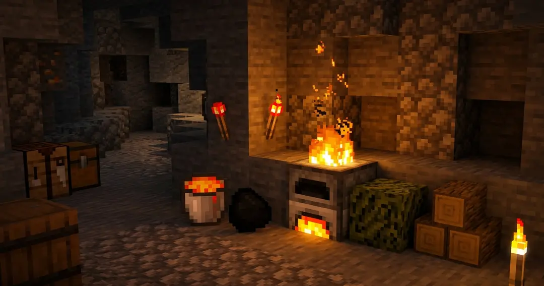 A lit Minecraft furnace surrounded by fuel items — a lava bucket, a block of coal, a dried kelp block, and logs — showing the best fuel in Minecraft