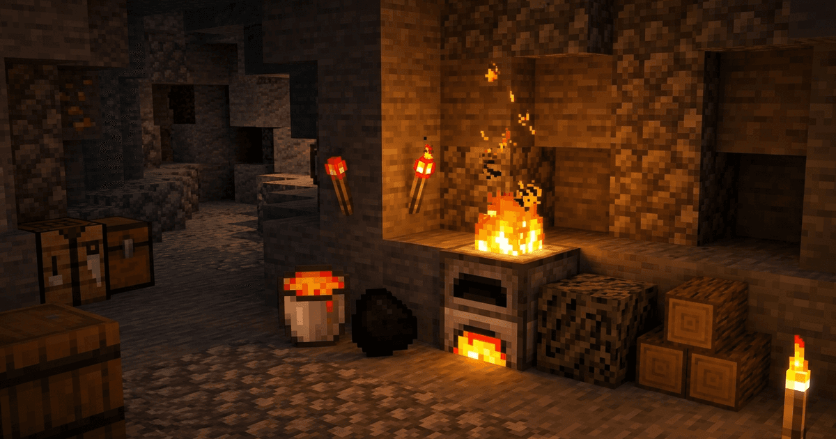 A lit Minecraft furnace surrounded by fuel items — a lava bucket, a block of coal, a dried kelp block, and logs — showing the best fuel in Minecraft