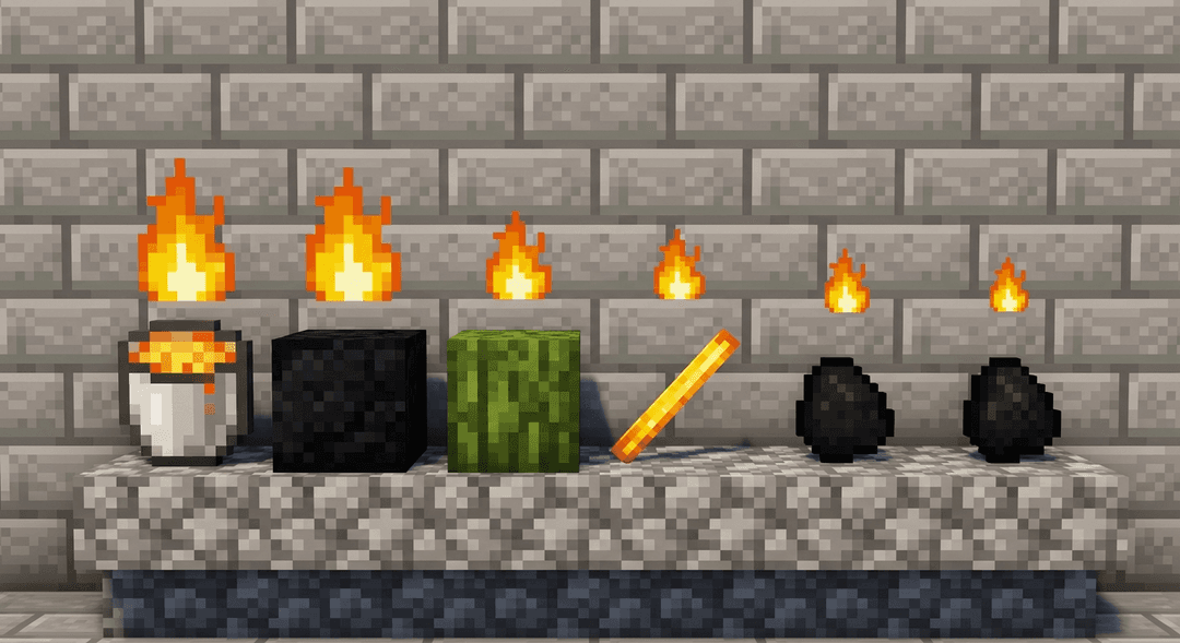 A ranked lineup of the best Minecraft fuels — lava bucket, block of coal, dried kelp block, blaze rod, coal, and charcoal — with their burn values
