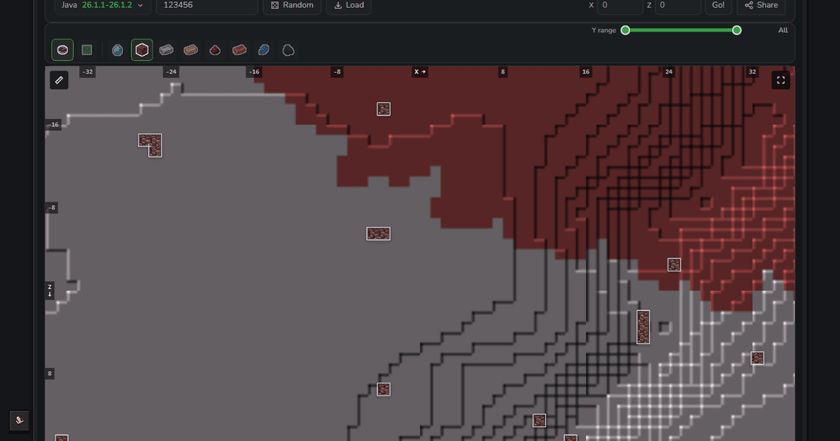 The Ancient Debris Finder set to Java, with ancient debris marked across a Nether map and a Y range slider above it