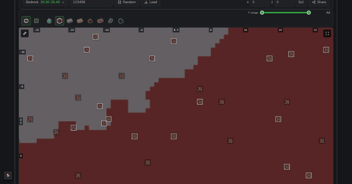 The Ancient Debris Finder switched to Bedrock, showing ancient debris marked across the same Nether map
