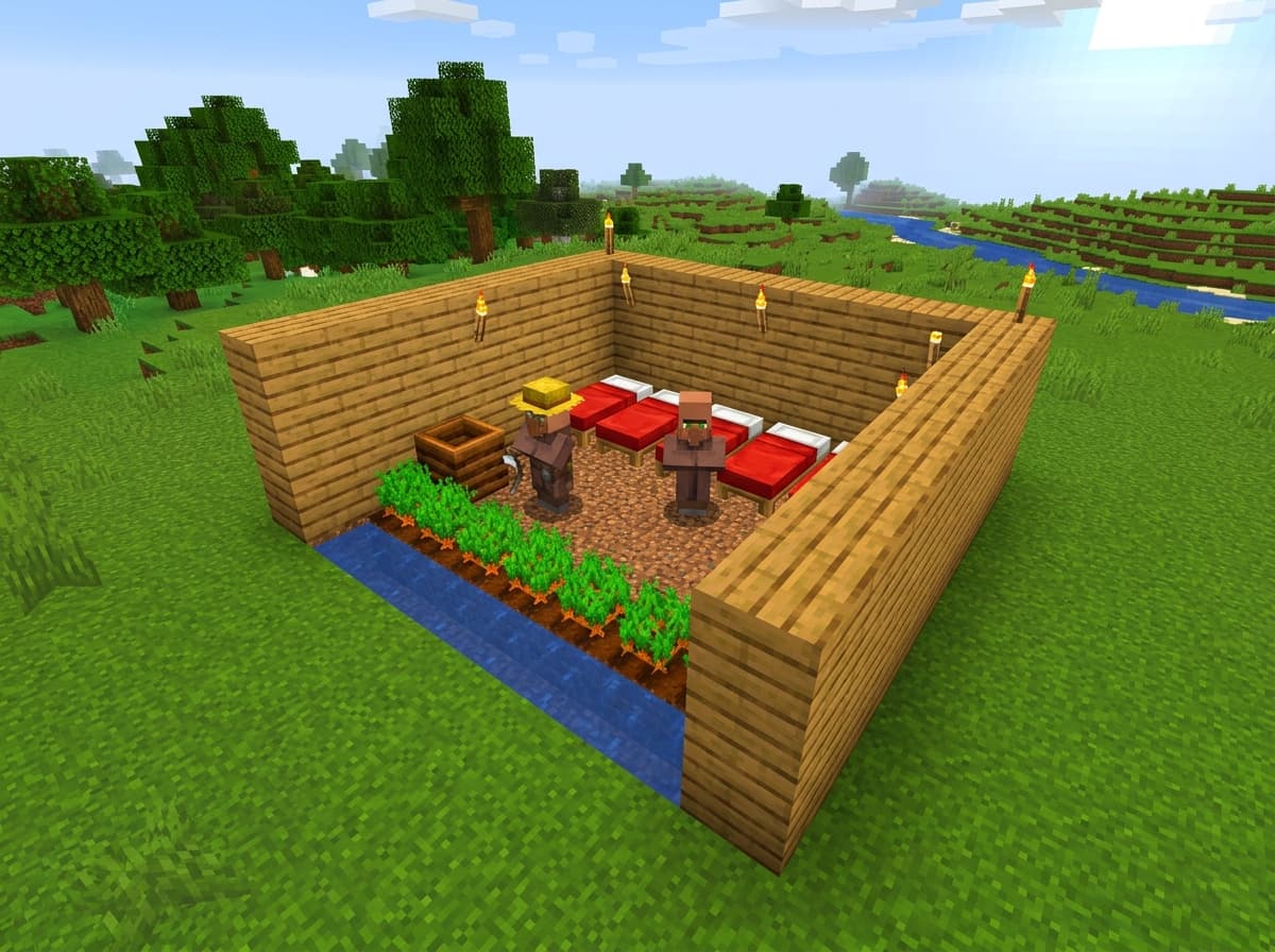 A simple Minecraft villager breeder seen from above: a walled pen with a strip of carrots beside water, a composter, a row of red beds, a farmer villager in a straw hat and a second villager