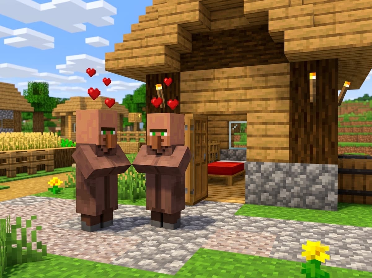 Two Minecraft villagers facing each other in a village street with red heart particles above their heads, a red bed visible through the open door behind them