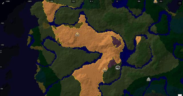 Seed map of Minecraft seed 1440 on Java 26.3 with the dappled forest highlighted in orange next to spawn, two abandoned camps inside it, and the other biomes dimmed