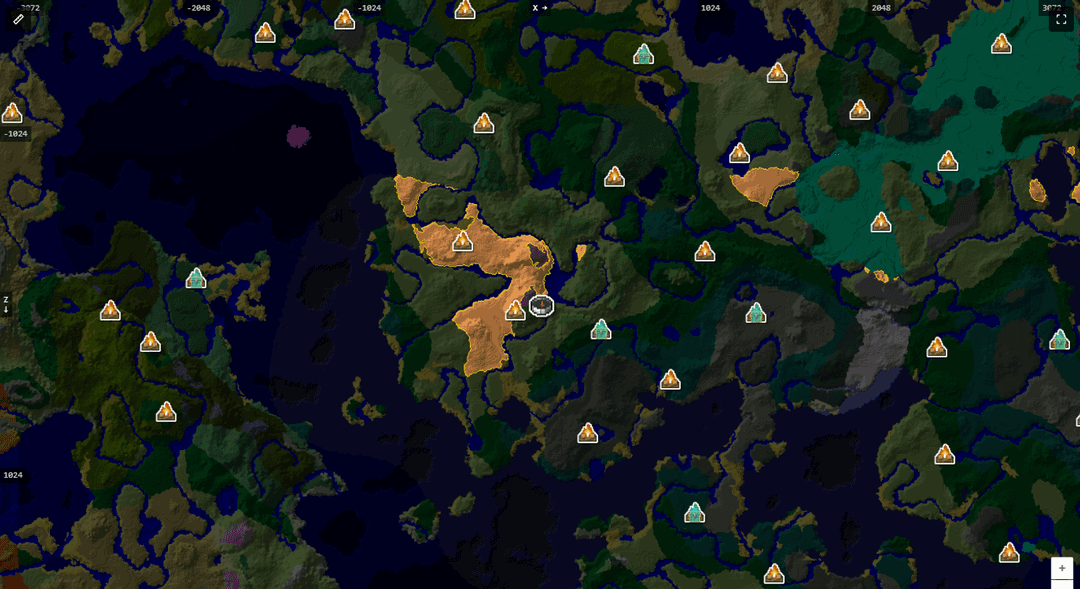 Zoomed-out seed map of seed 1440 on Java 26.3 with several scattered dappled forest patches highlighted in orange and many abandoned camp markers scattered across the surrounding land