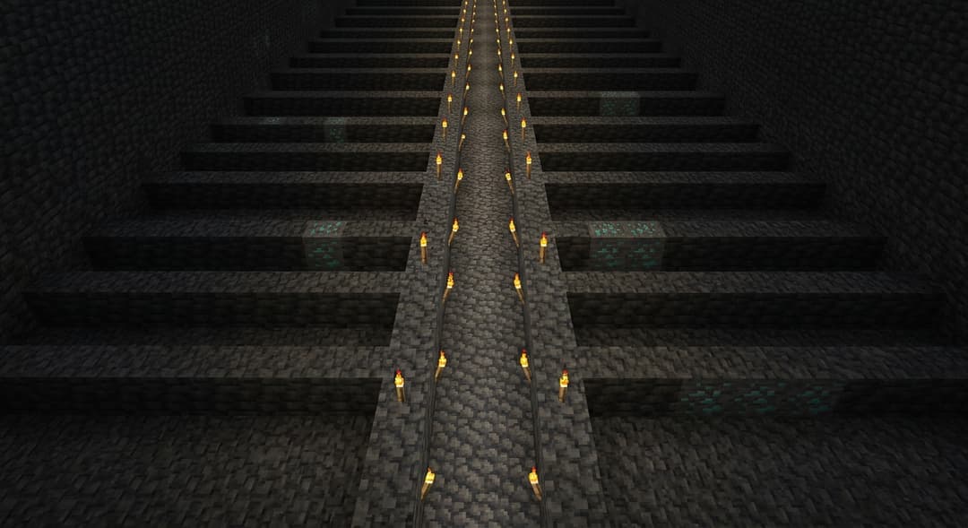 A Minecraft branch-mining tunnel layout at deepslate level with torches and exposed diamond ore