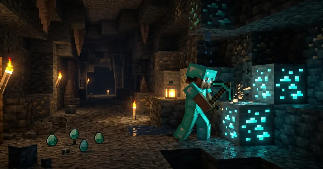 A Minecraft player mining exposed diamond ore in a deep, torch-lit deepslate cavern