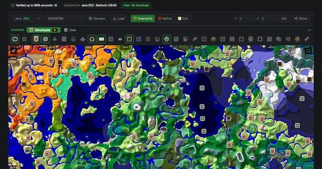 The MinecraftSearch seed map with a world seed entered in the toolbar, showing biomes and structure markers
