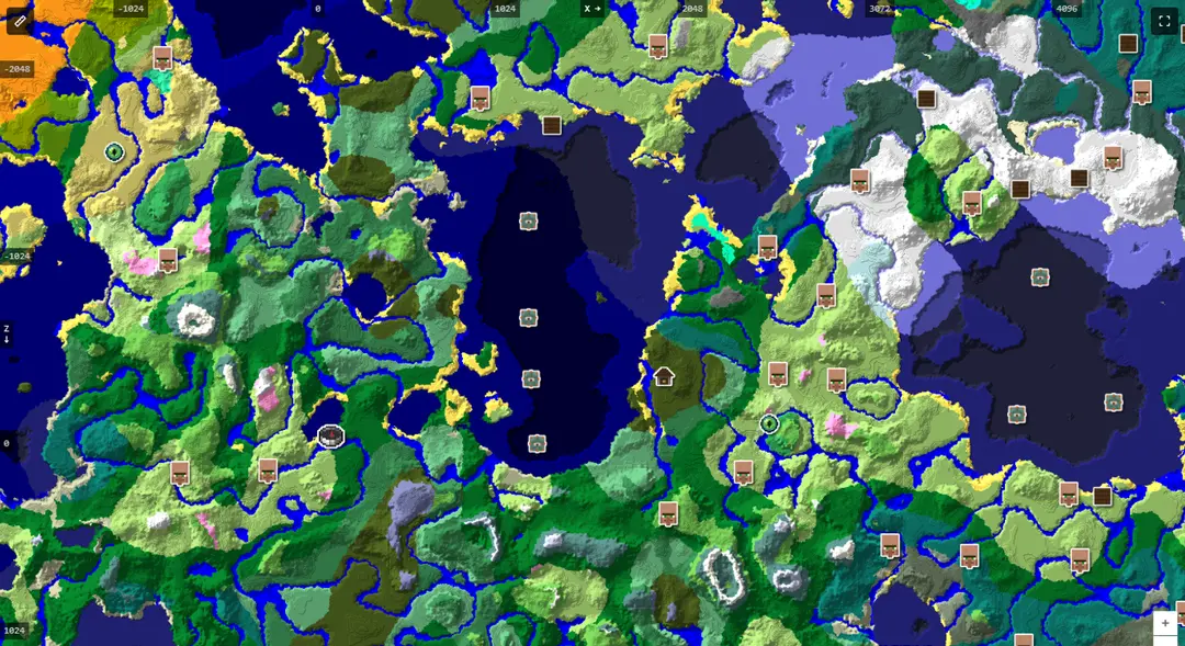 A Minecraft seed mapped out in biome colours with village, stronghold, mansion and monument markers plotted across the world