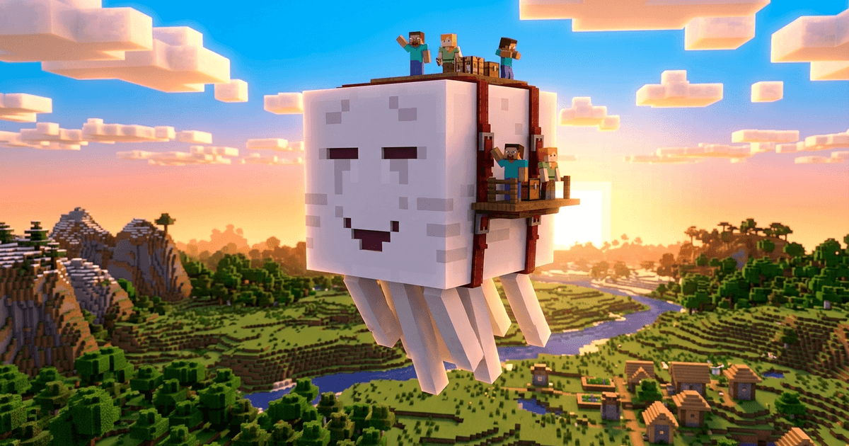 A large friendly white ghast with a harness flying above a Minecraft landscape carrying players on its back