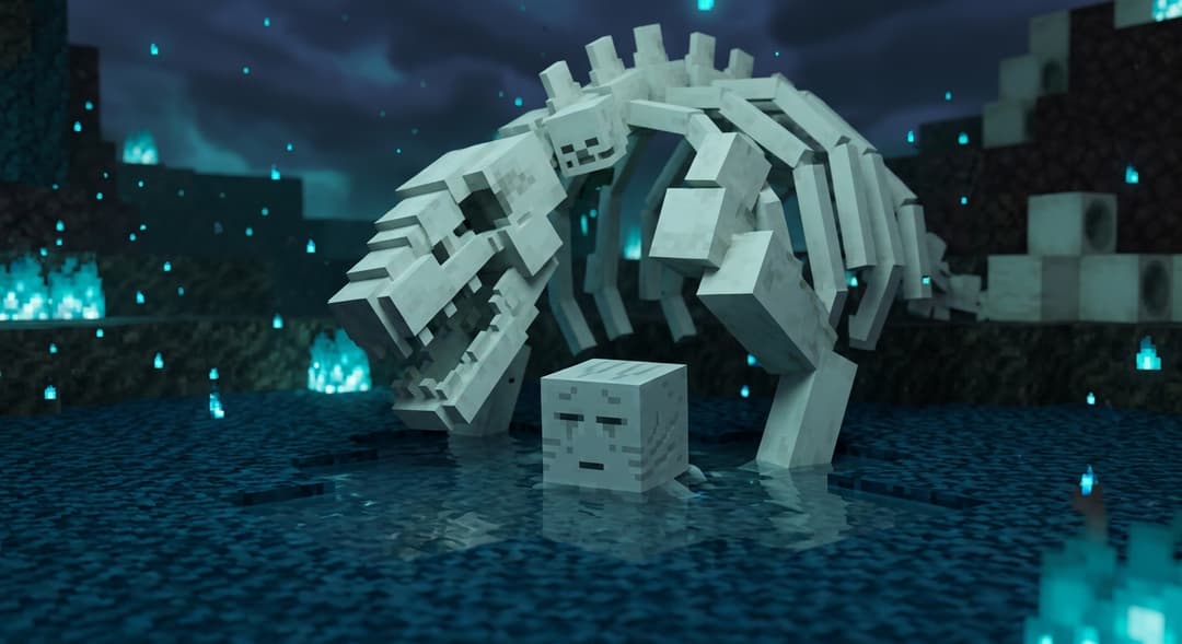 A Dried Ghast block sitting in shallow water beside a bone block fossil in a blue soul sand valley