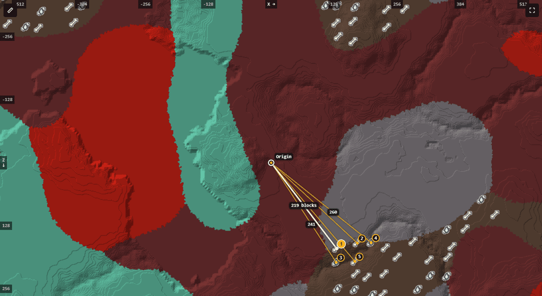 The MinecraftSearch Nether Fossil Finder showing Nether fossil markers across a seed map with Dried Ghast fossils marked separately