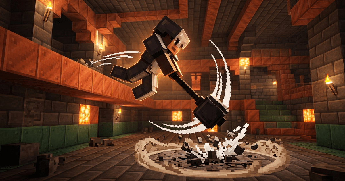A Minecraft player leaping from a copper ledge inside a trial chamber, swinging a mace downward in a smash attack