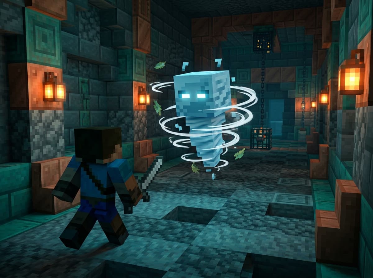 A breeze mob hovering above a tuff floor in a trial chamber, swirling wind around it, with a player approaching