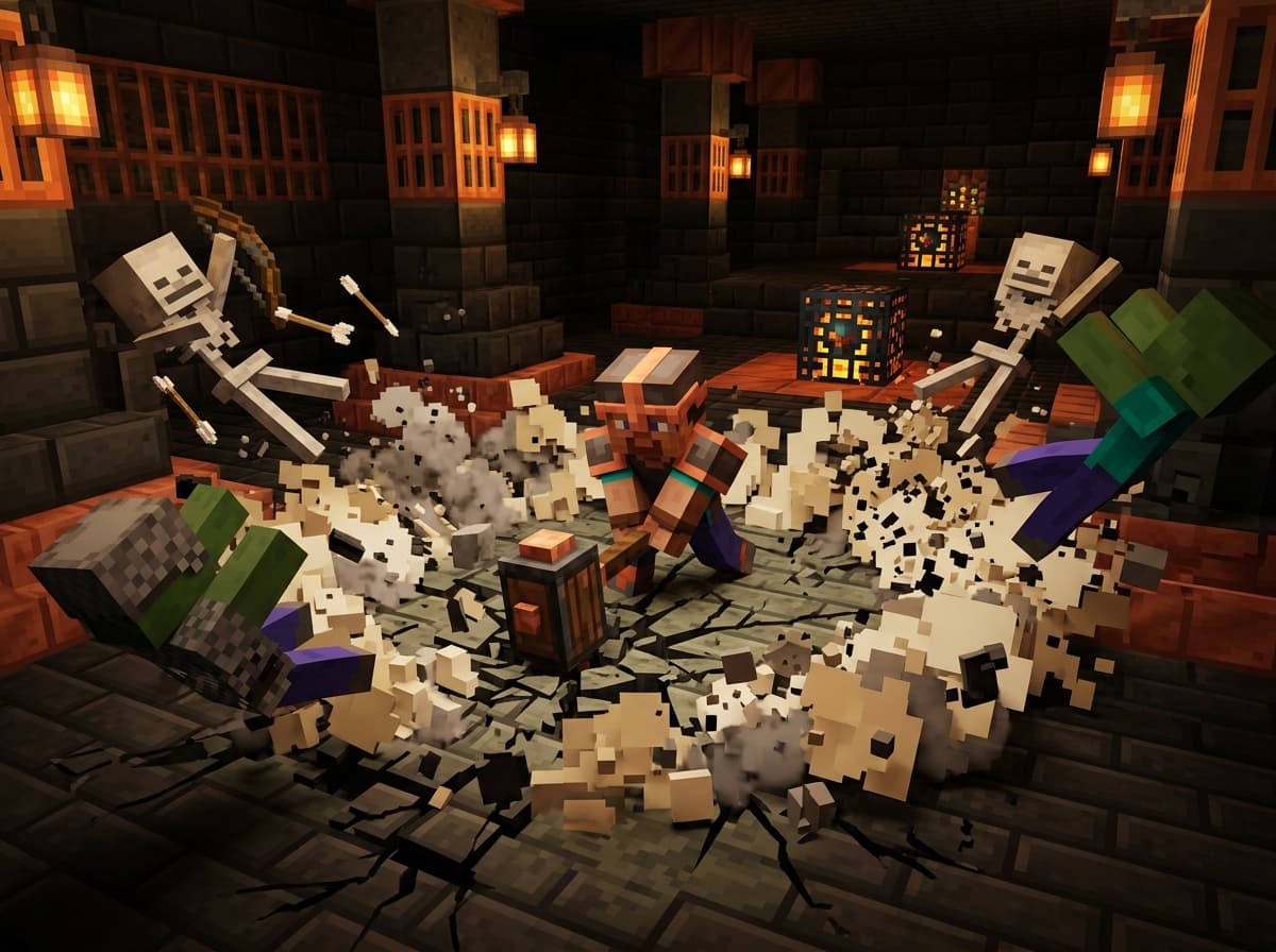 A Minecraft player landing a mace smash attack on a tuff floor, with a shockwave ring pushing skeletons and zombies away