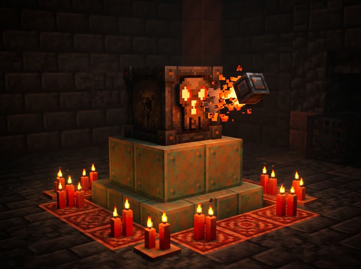 An ominous vault block on a copper pedestal ringed by red candles inside a dark trial chamber, ejecting a heavy core