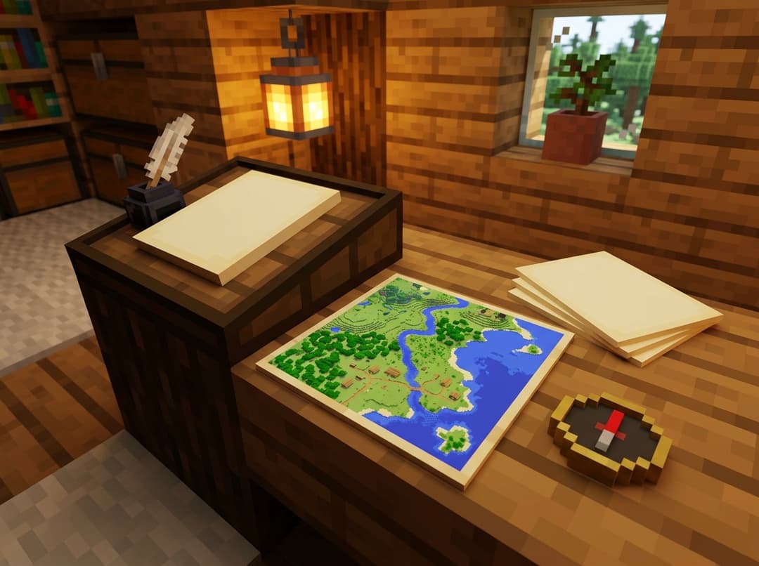 A Minecraft cartography table in a wooden cabin, with a drawn map, blank paper and a compass on the desk beside it