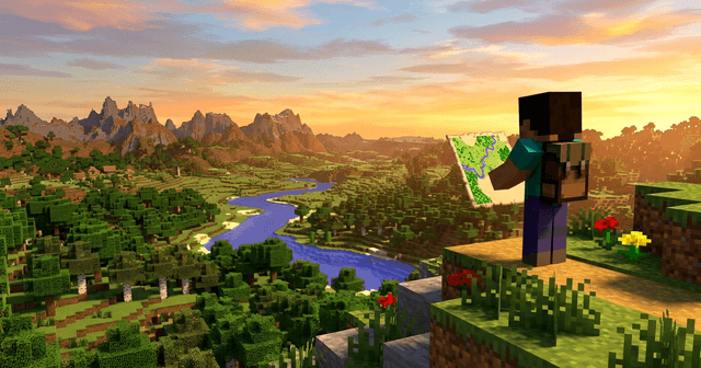 A Minecraft player on a grassy hilltop at sunset holding up a paper map of the river valley below