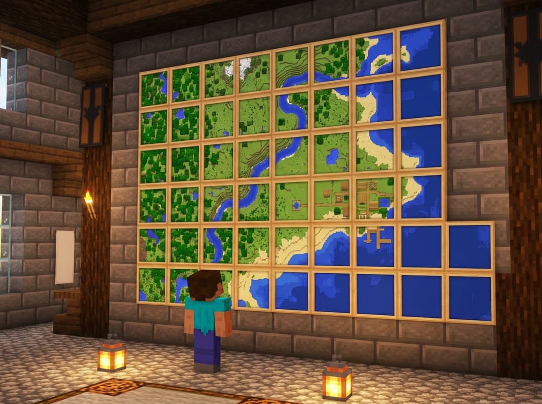 A Minecraft map wall: framed maps hung edge to edge on a stone wall join into one picture of forest, a river, a village and the coast