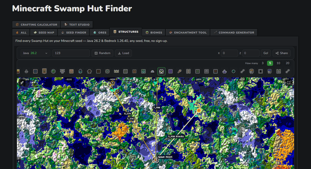 The MinecraftSearch Swamp Hut Finder showing swamp hut markers on a seed map, each hut containing one black cat