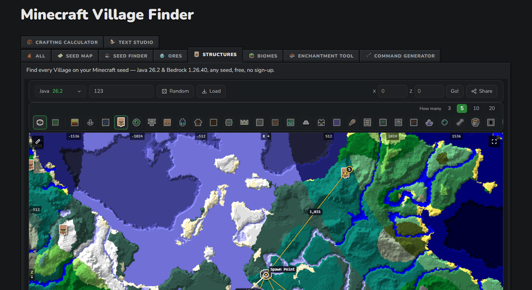 The MinecraftSearch Village Finder showing a seed map with village markers, used to locate the nearest village that can spawn cats