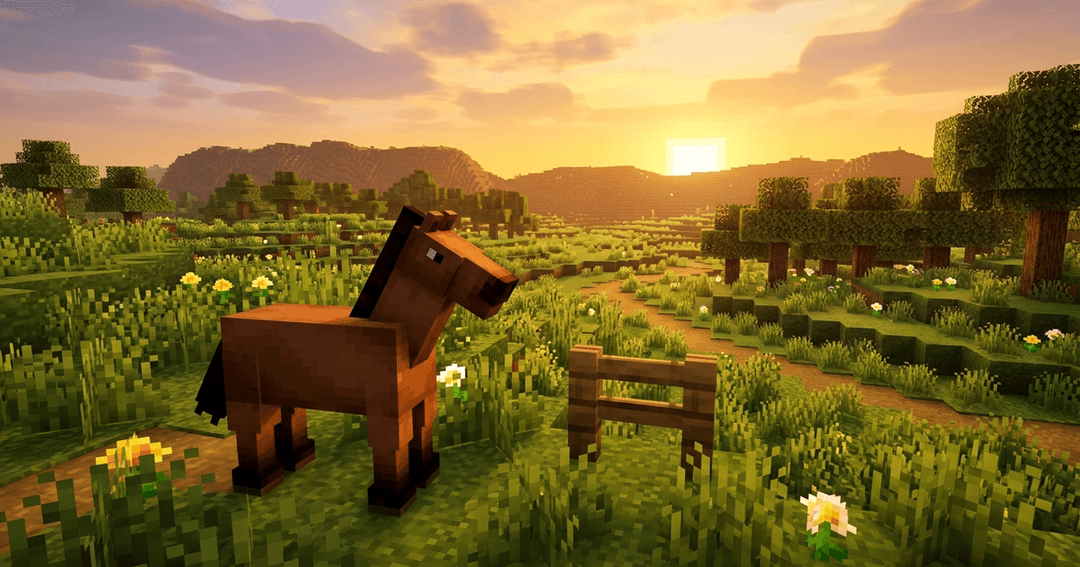 A brown Minecraft horse standing in a flowering plains biome at sunrise, with a wooden fence and oak trees behind it