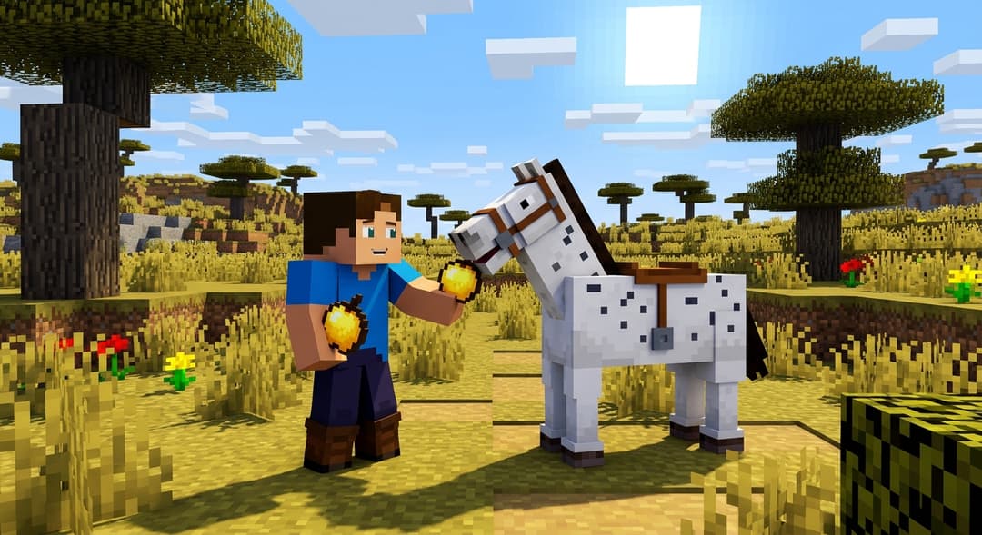 A Minecraft player holding golden apples beside a white spotted horse in a savanna biome with acacia trees
