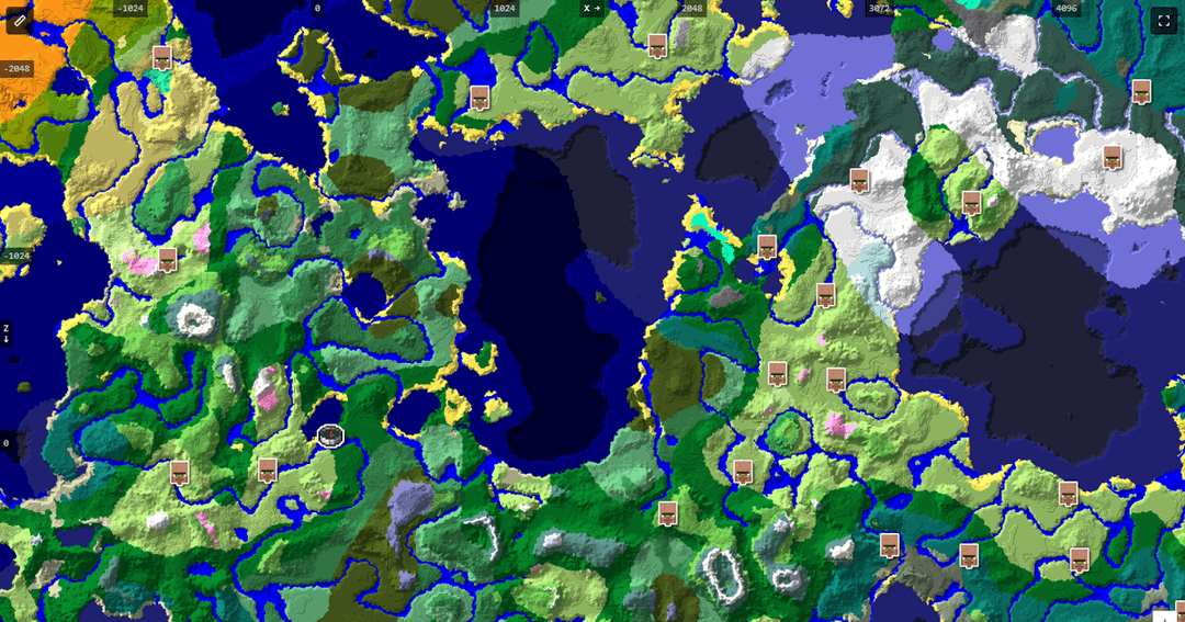 The MinecraftSearch seed map showing a Minecraft world in biome colours with village markers, the view used to locate plains and savanna