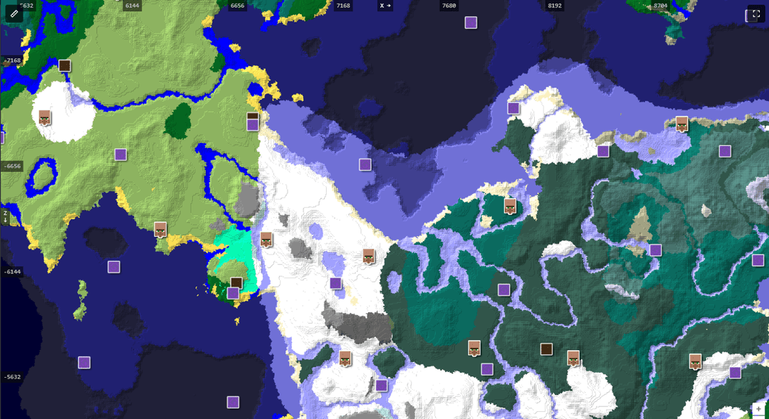 Seed map view of snowy peaks, frozen rivers and old-growth forest with coordinate gridlines and village and ruined-portal markers