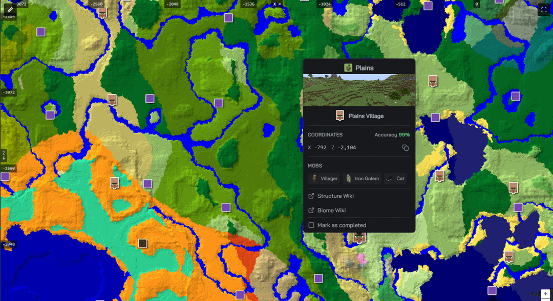Village marker popup on the seed map showing the biome, the exact coordinates with a 99% accuracy figure, the mobs that spawn there, and wiki links