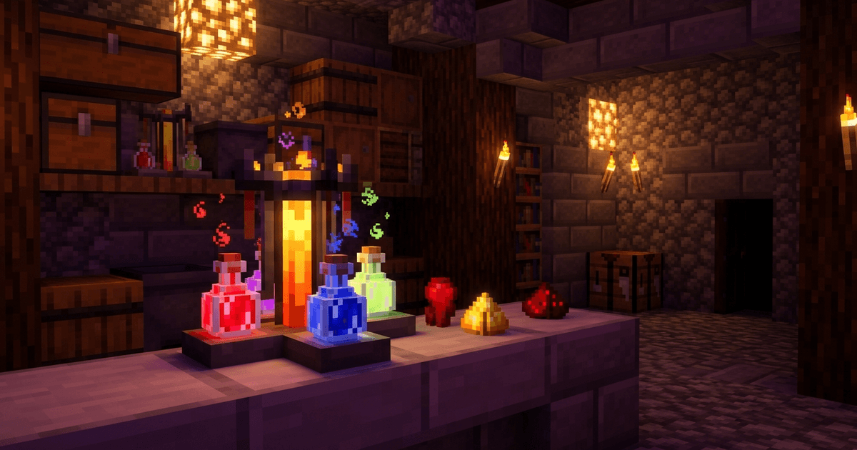 A Minecraft brewing stand with three glass bottles and glowing potions, illustrating Minecraft potion recipes