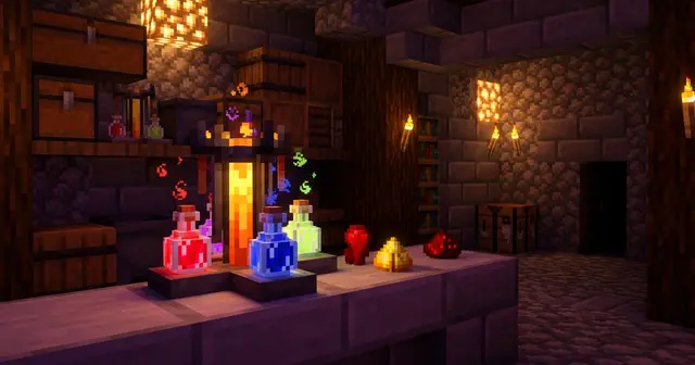 A Minecraft brewing stand with three glass bottles and glowing potions, illustrating Minecraft potion recipes