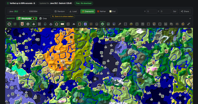 The MinecraftSearch seed map showing seed 8362894 on Java Edition, with the verified-accuracy badge above the toolbar and structure markers across the overworld biome map