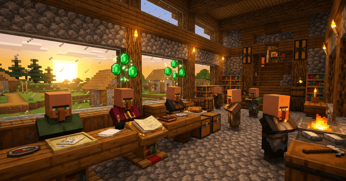 A Minecraft villager trading hall with villagers at their job blocks and emeralds, illustrating villager trades