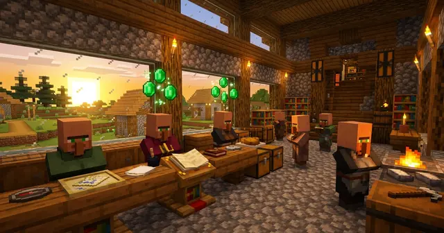 A Minecraft villager trading hall with villagers at their job blocks and emeralds, illustrating villager trades