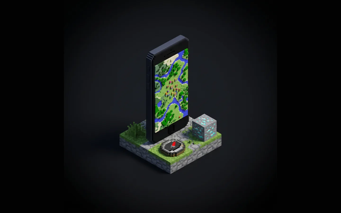 Een telefoon rechtop op een klein grond-en-steenblokje met de seed-kaart op het scherm, een kompas en een diamanterts-blok ernaast